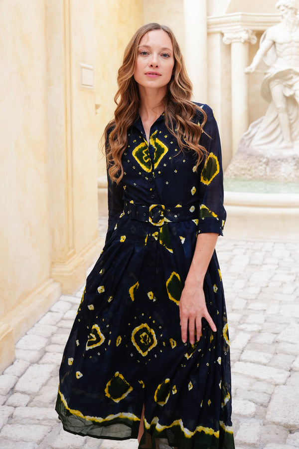 Audrey Dress #4 Shirt Collar 3/4 Sleeve Midi Length Cotton Musola (Tahikistan Tie Dye)