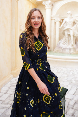 Audrey Dress #4 Shirt Collar 3/4 Sleeve Midi Length Cotton Musola (Tahikistan Tie Dye)