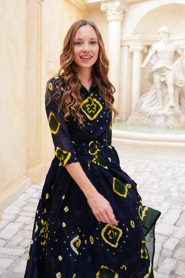 Audrey Dress #4 Shirt Collar 3/4 Sleeve Midi Length Cotton Musola (Tahikistan Tie Dye)