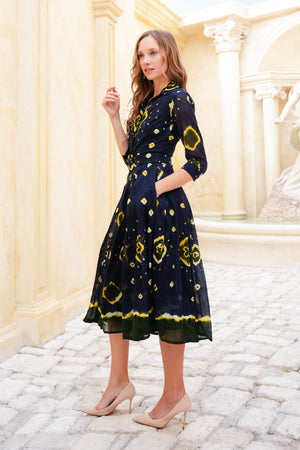 Audrey Dress #4 Shirt Collar 3/4 Sleeve Midi Length Cotton Musola (Tahikistan Tie Dye)