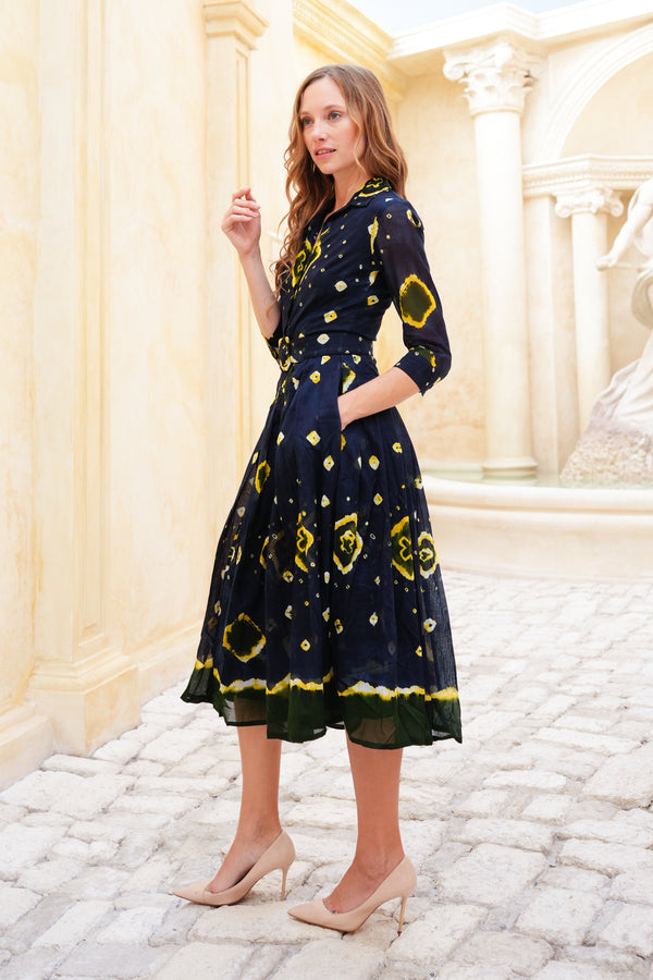 Audrey Dress #4 Shirt Collar 3/4 Sleeve Midi Length Cotton Musola (Tahikistan Tie Dye)