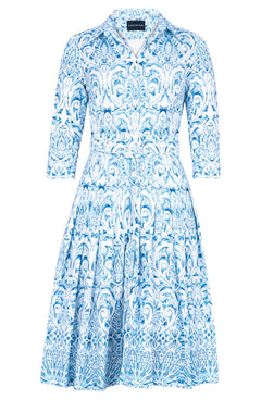 Audrey Dress #2 Shirt Collar 3/4 Sleeve Regular Length Cotton Stretch (Tapis Blue)