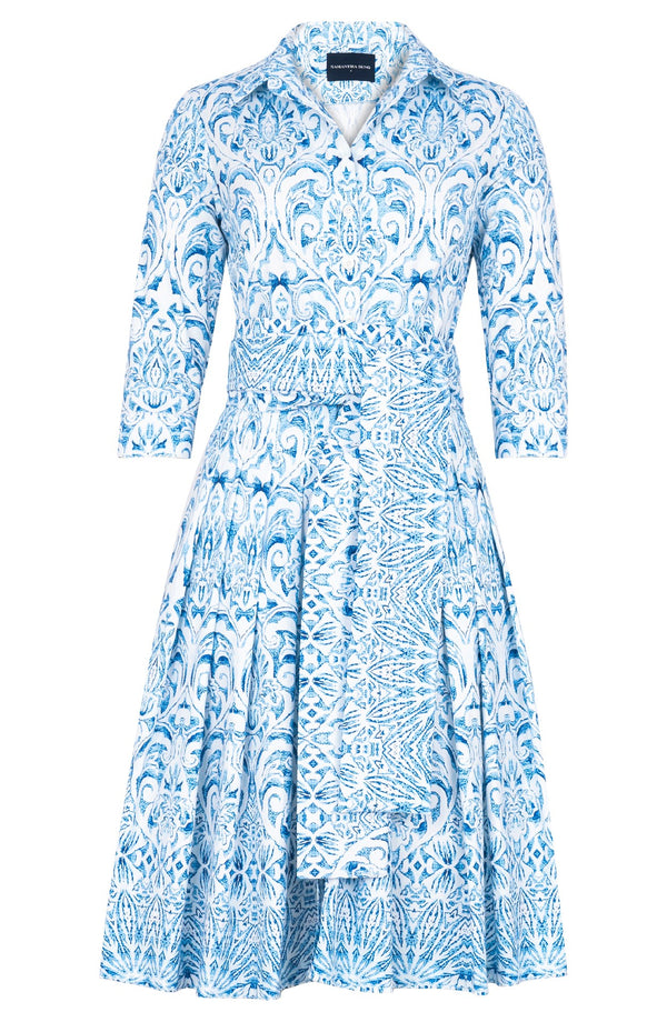 Audrey Dress #2 Shirt Collar 3/4 Sleeve Regular Length Cotton Stretch (Tapis Blue)