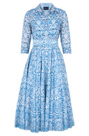 Aster Dress Shirt Collar 3/4 Sleeve Midi Length Cotton Musola (Tapis Blue)