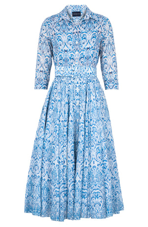 Aster Dress Shirt Collar 3/4 Sleeve Midi Length Cotton Musola (Tapis Blue)