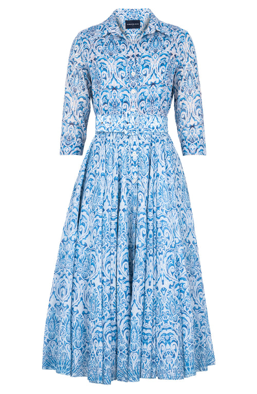 Aster Dress Shirt Collar 3/4 Sleeve Midi Length Cotton Musola (Tapis Blue)