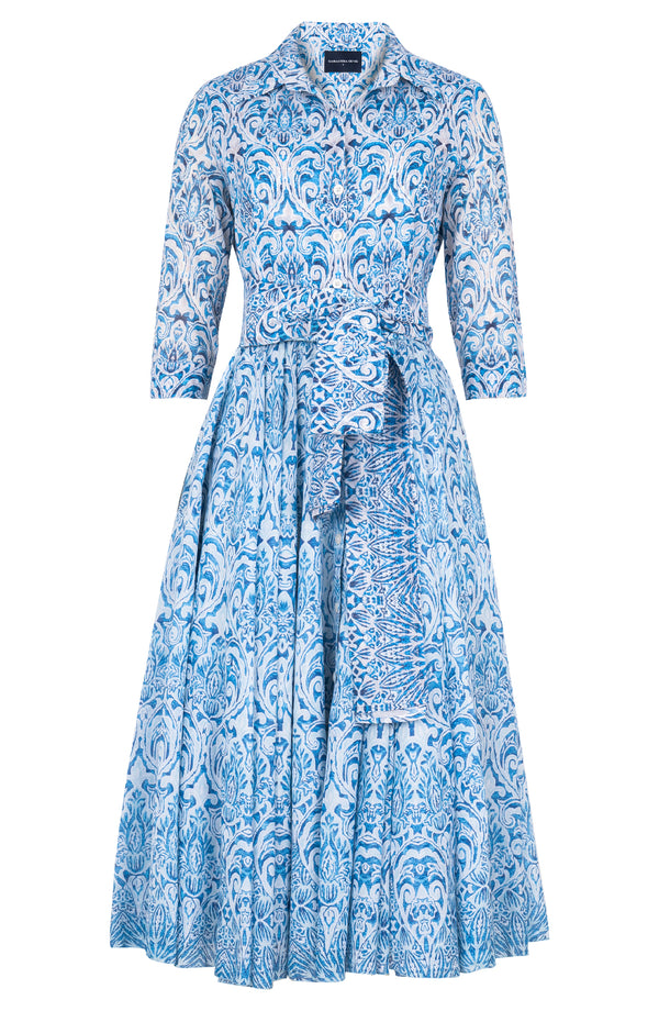 Aster Dress Shirt Collar 3/4 Sleeve Midi Length Cotton Musola (Tapis Blue)
