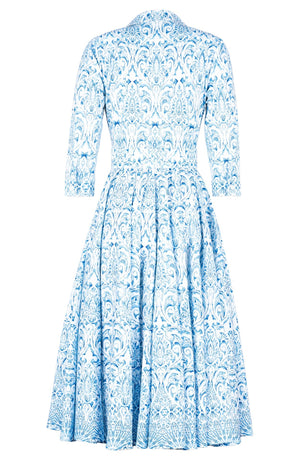 Gigi Dress Shirt Collar 3/4 Sleeve Midi Length Cotton Stretch (Tapis Blue)