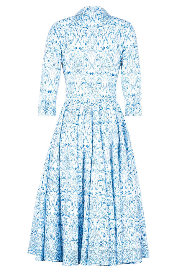 Gigi Dress Shirt Collar 3/4 Sleeve Midi Length Cotton Stretch (Tapis Blue)