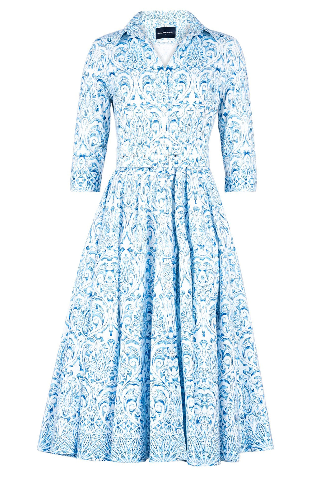 Gigi Dress Shirt Collar 3/4 Sleeve Midi Length Cotton Stretch (Tapis Blue)