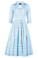 Gigi Dress Shirt Collar 3/4 Sleeve Midi Length Cotton Stretch (Tapis Blue)