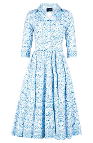 Gigi Dress Shirt Collar 3/4 Sleeve Midi Length Cotton Stretch (Tapis Blue)