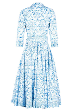 Gigi Dress Shirt Collar 3/4 Sleeve Midi Length Cotton Stretch (Tapis Blue)