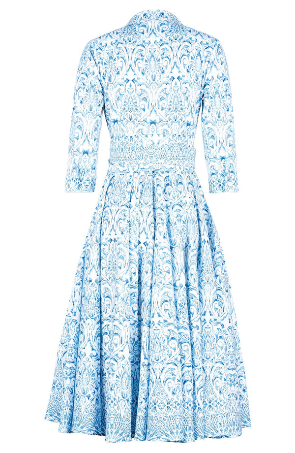Gigi Dress Shirt Collar 3/4 Sleeve Midi Length Cotton Stretch (Tapis Blue)