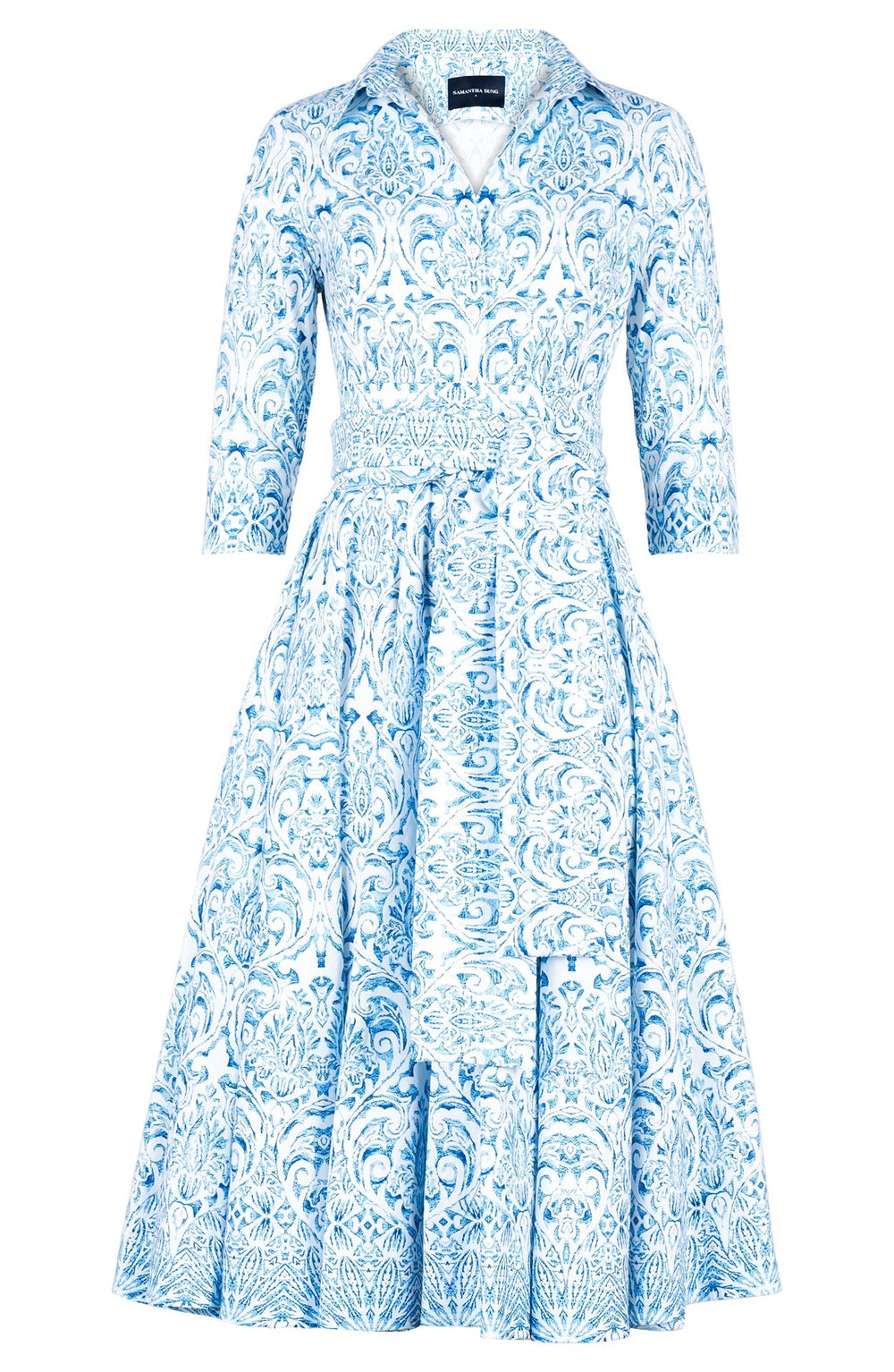 Gigi Dress Shirt Collar 3/4 Sleeve Midi Length Cotton Stretch (Tapis Blue)
