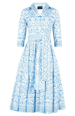 Gigi Dress Shirt Collar 3/4 Sleeve Midi Length Cotton Stretch (Tapis Blue)
