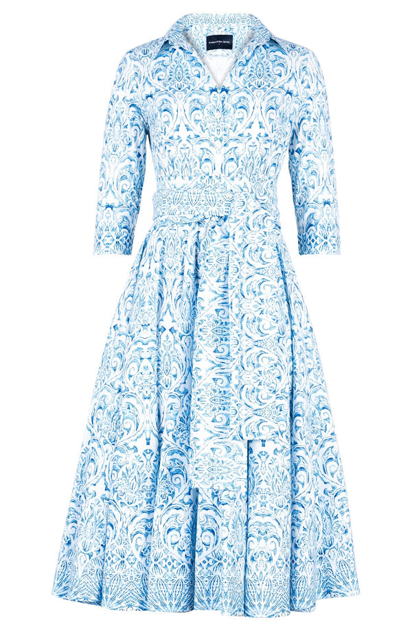 Gigi Dress Shirt Collar 3/4 Sleeve Midi Length Cotton Stretch (Tapis Blue)
