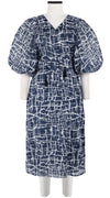 Anastasia Dress Crew Neck Slit 3/4 Puff Sleeve with Hamilton Belt Midi Length Cotton Musola (Thorn Branches)
