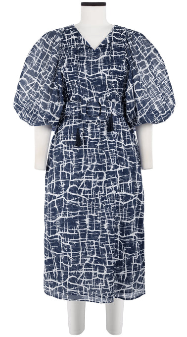 Anastasia Dress Crew Neck Slit 3/4 Puff Sleeve with Hamilton Belt Midi Length Cotton Musola (Thorn Branches)