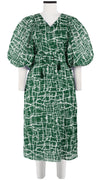 Anastasia Dress Crew Neck Slit 3/4 Puff Sleeve with Hamilton Belt Midi Length Cotton Musola (Thorn Branches)