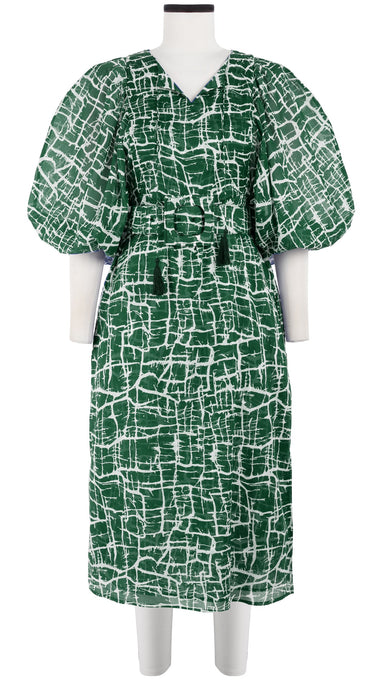 Anastasia Dress Crew Neck Slit 3/4 Puff Sleeve with Hamilton Belt Midi Length Cotton Musola (Thorn Branches)