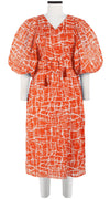 Anastasia Dress Crew Neck Slit 3/4 Puff Sleeve with Hamilton Belt Midi Length Cotton Musola (Thorn Branches)