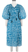 Anastasia Dress Crew Neck Slit 3/4 Puff Sleeve with Hamilton Belt Midi Length Cotton Musola (Thorn Branches)