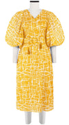 Anastasia Dress Crew Neck Slit 3/4 Puff Sleeve with Hamilton Belt Midi Length Cotton Musola (Thorn Branches)