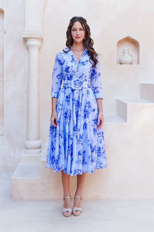 Aster Dress Shirt Collar 3/4 Sleeve Midi Length Cotton Musola (Thorn Bud Rose Small Ground)