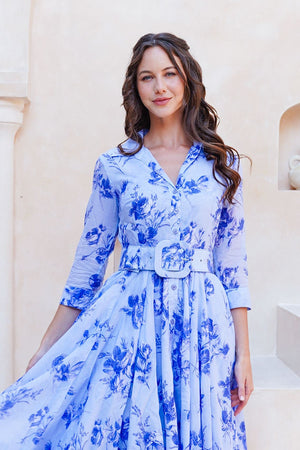 Aster Dress Shirt Collar 3/4 Sleeve Midi Length Cotton Musola (Thorn Bud Rose Small Ground)