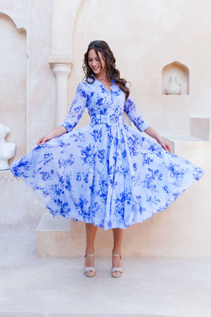 Aster Dress Shirt Collar 3/4 Sleeve Midi Length Cotton Musola (Thorn Bud Rose Small Ground)