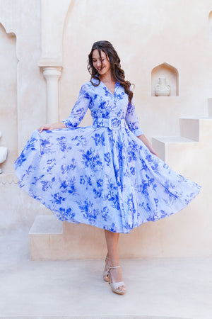 Aster Dress Shirt Collar 3/4 Sleeve Midi Length Cotton Musola (Thorn Bud Rose Small Ground)