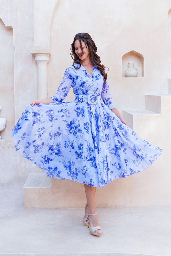 Aster Dress Shirt Collar 3/4 Sleeve Midi Length Cotton Musola (Thorn Bud Rose Small Ground)