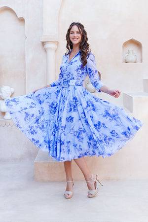 Aster Dress Shirt Collar 3/4 Sleeve Midi Length Cotton Musola (Thorn Bud Rose Small Ground)