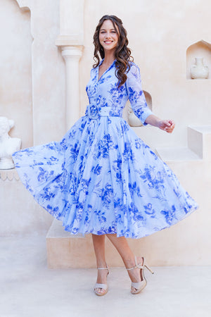 Aster Dress Shirt Collar 3/4 Sleeve Midi Length Cotton Musola (Thorn Bud Rose Small Ground)