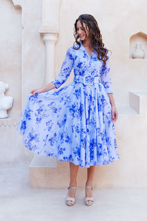 Aster Dress Shirt Collar 3/4 Sleeve Midi Length Cotton Musola (Thorn Bud Rose Small Ground)