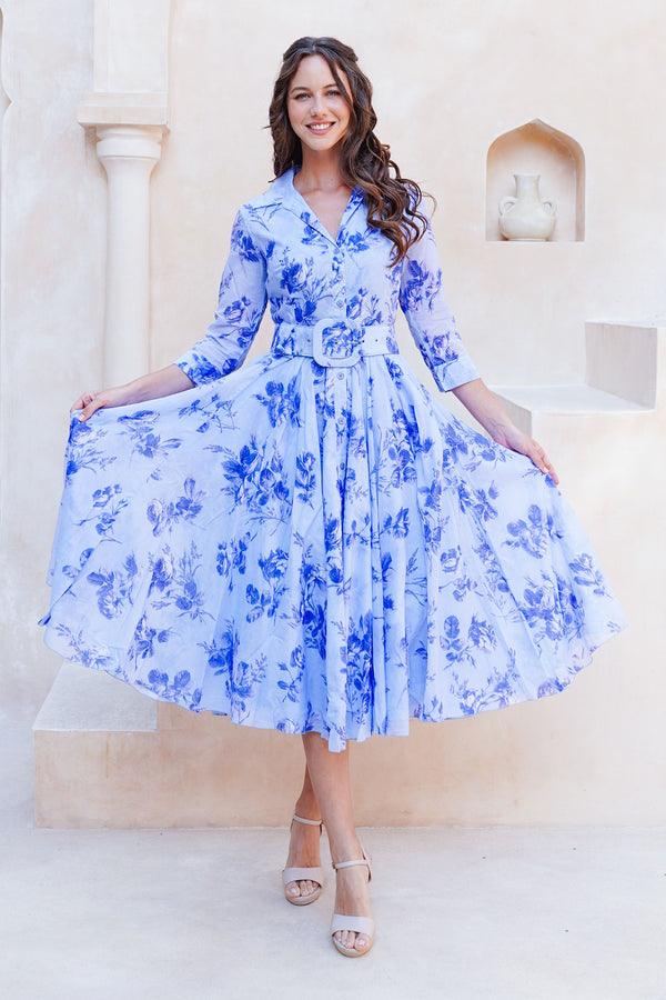 Aster Dress Shirt Collar 3/4 Sleeve Midi Length Cotton Musola (Thorn Bud Rose Small Ground)