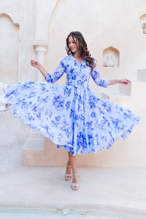 Aster Dress Shirt Collar 3/4 Sleeve Midi Length Cotton Musola (Thorn Bud Rose Small Ground)