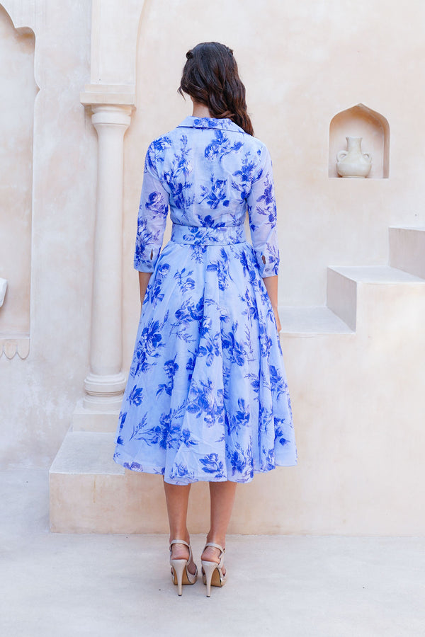 Aster Dress Shirt Collar 3/4 Sleeve Midi Length Cotton Musola (Thorn Bud Rose Small Ground)