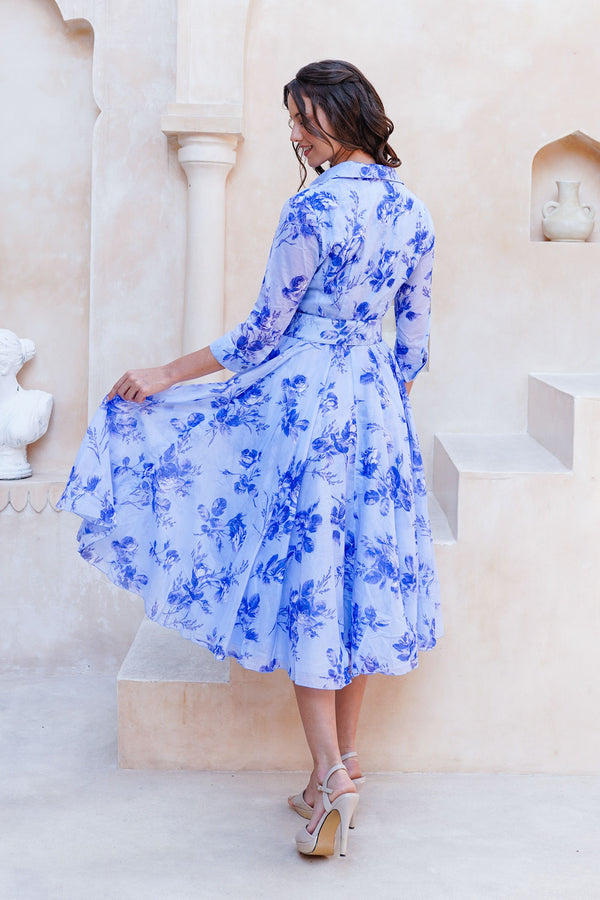 Aster Dress Shirt Collar 3/4 Sleeve Midi Length Cotton Musola (Thorn Bud Rose Small Ground)