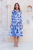 Audrey Dress #2 Shirt Collar 3/4 Sleeve Long Length Cotton Stretch (Thorn Bud Rose Small Ground)