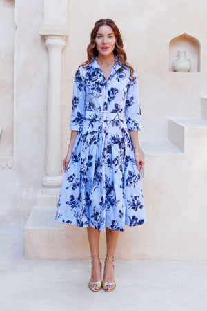 Audrey Dress #2 Shirt Collar 3/4 Sleeve Long Length Cotton Stretch (Thorn Bud Rose Small Ground)