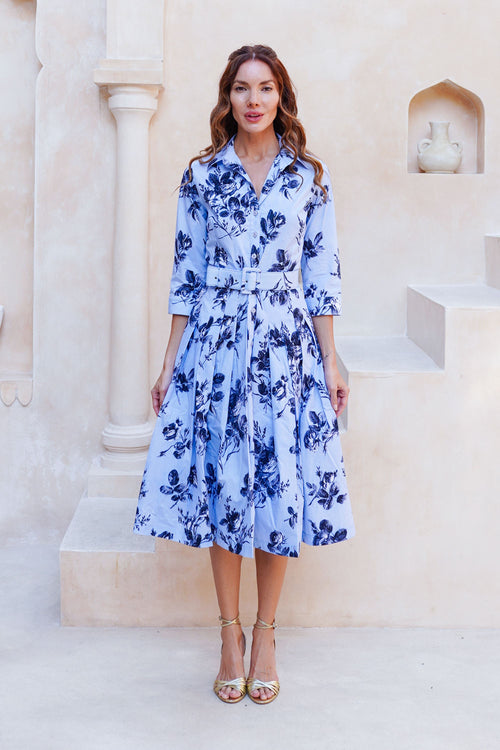 Audrey Dress #2 Shirt Collar 3/4 Sleeve Long Length Cotton Stretch (Thorn Bud Rose Small Ground)