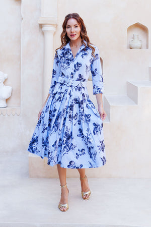 Audrey Dress #2 Shirt Collar 3/4 Sleeve Long Length Cotton Stretch (Thorn Bud Rose Small Ground)