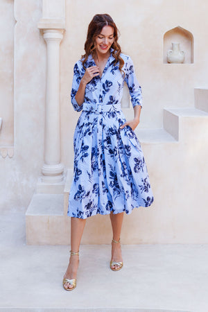 Audrey Dress #2 Shirt Collar 3/4 Sleeve Long Length Cotton Stretch (Thorn Bud Rose Small Ground)