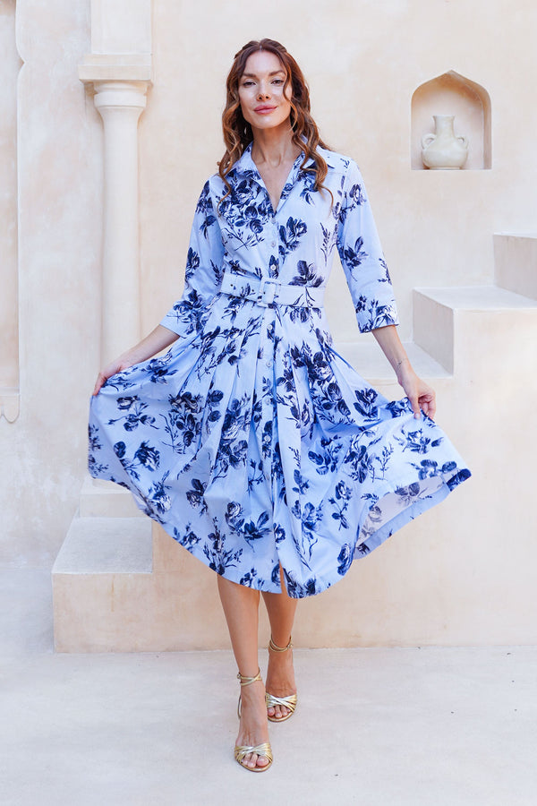 Audrey Dress #2 Shirt Collar 3/4 Sleeve Long Length Cotton Stretch (Thorn Bud Rose Small Ground)