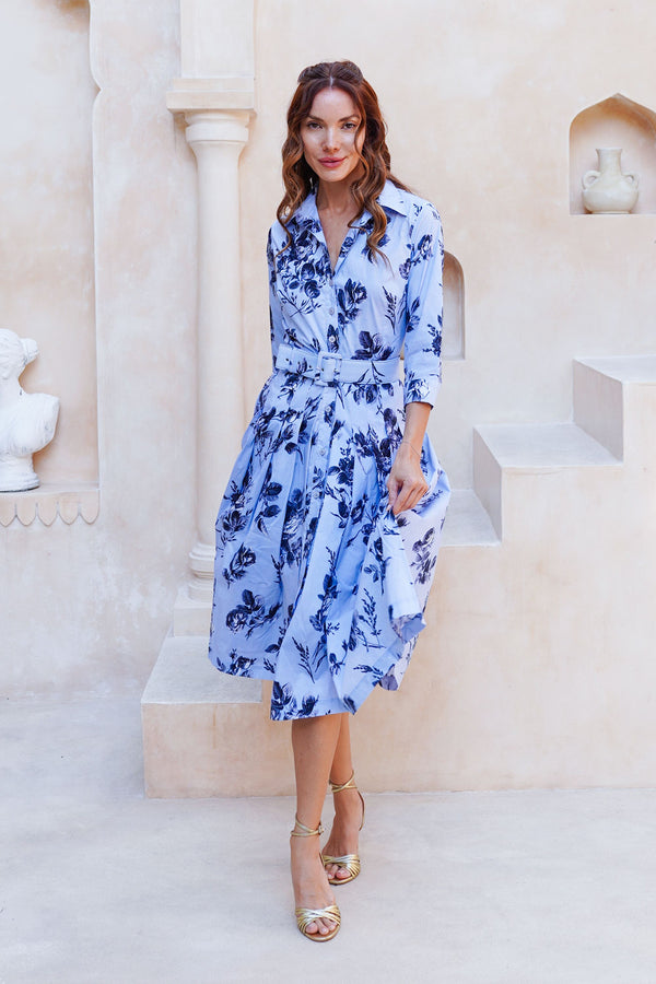 Audrey Dress #2 Shirt Collar 3/4 Sleeve Long Length Cotton Stretch (Thorn Bud Rose Small Ground)