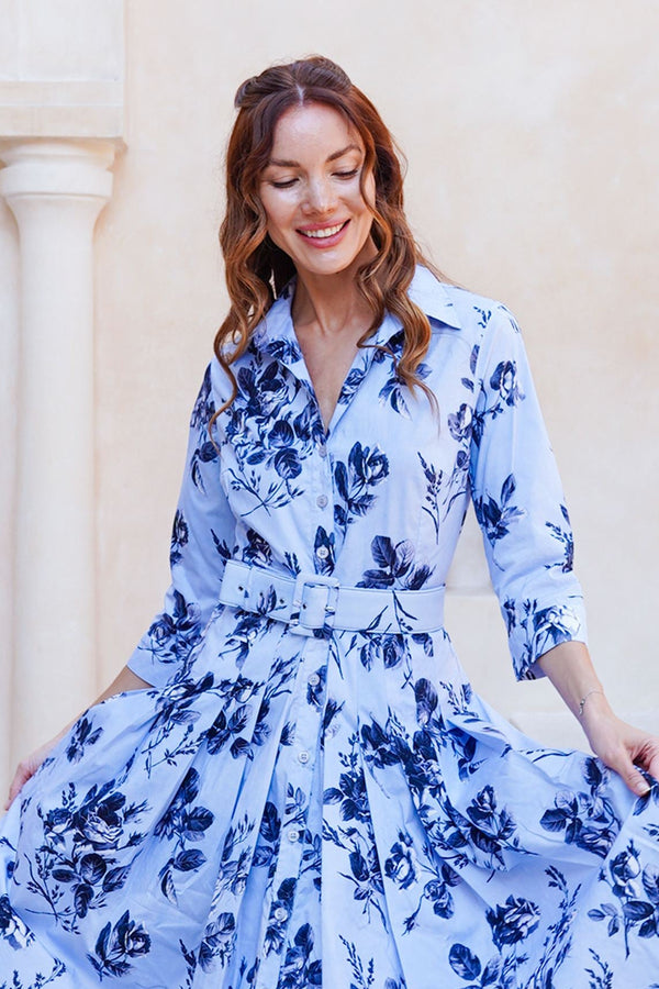 Audrey Dress #2 Shirt Collar 3/4 Sleeve Long Length Cotton Stretch (Thorn Bud Rose Small Ground)