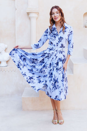 Audrey Dress #2 Shirt Collar 3/4 Sleeve Long Length Cotton Stretch (Thorn Bud Rose Small Ground)