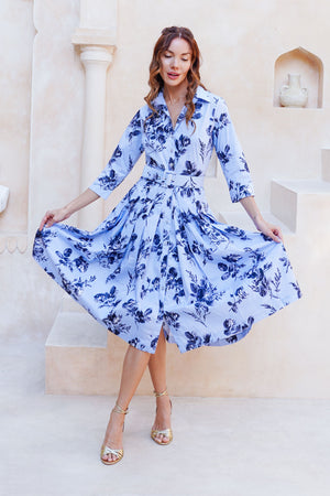 Audrey Dress #2 Shirt Collar 3/4 Sleeve Long Length Cotton Stretch (Thorn Bud Rose Small Ground)